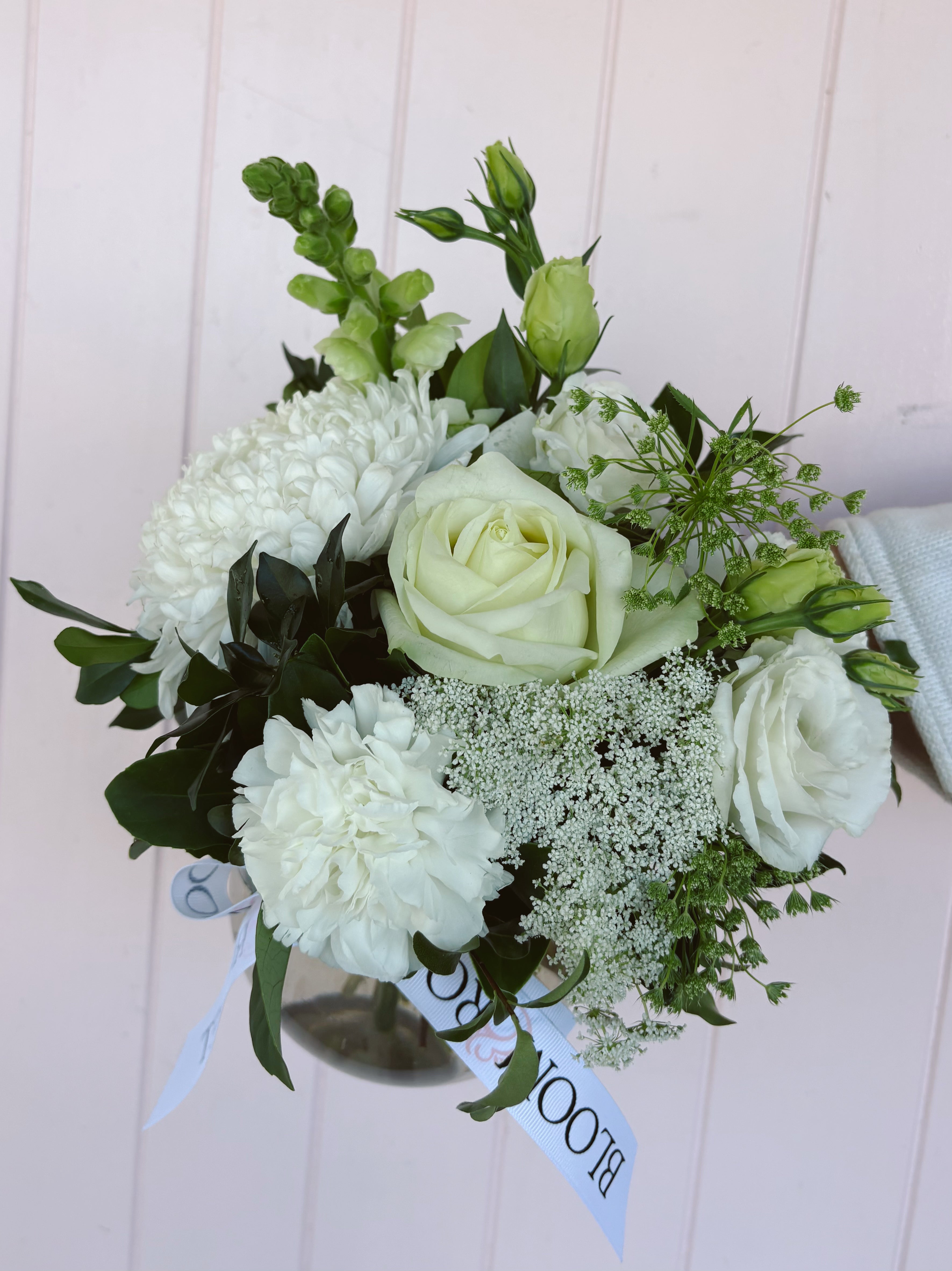 Baby blooms, sympathy fishbowl vase arrangement. Bloom and Rocket Florist Brisbane. Same Day flower delivery Brisbane.