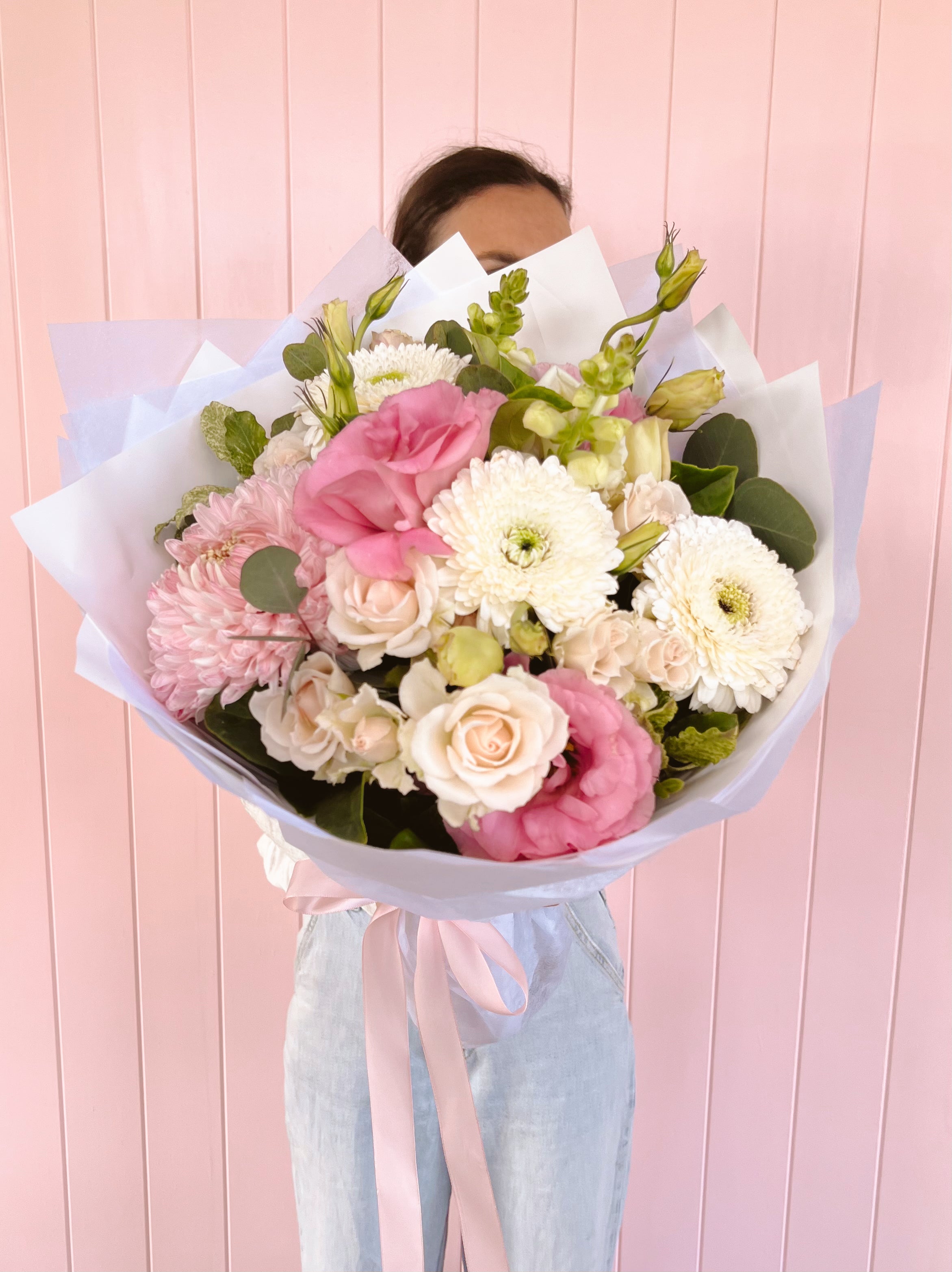Bouquet soft pinks and white. Bloom and Rocket Florist. Brisbane flower delivery. Delivery Brisbane wide, including Taringa, Toowong, Indooroopilly, Milton, Auchenflower, St Lucia and Chelmer.
