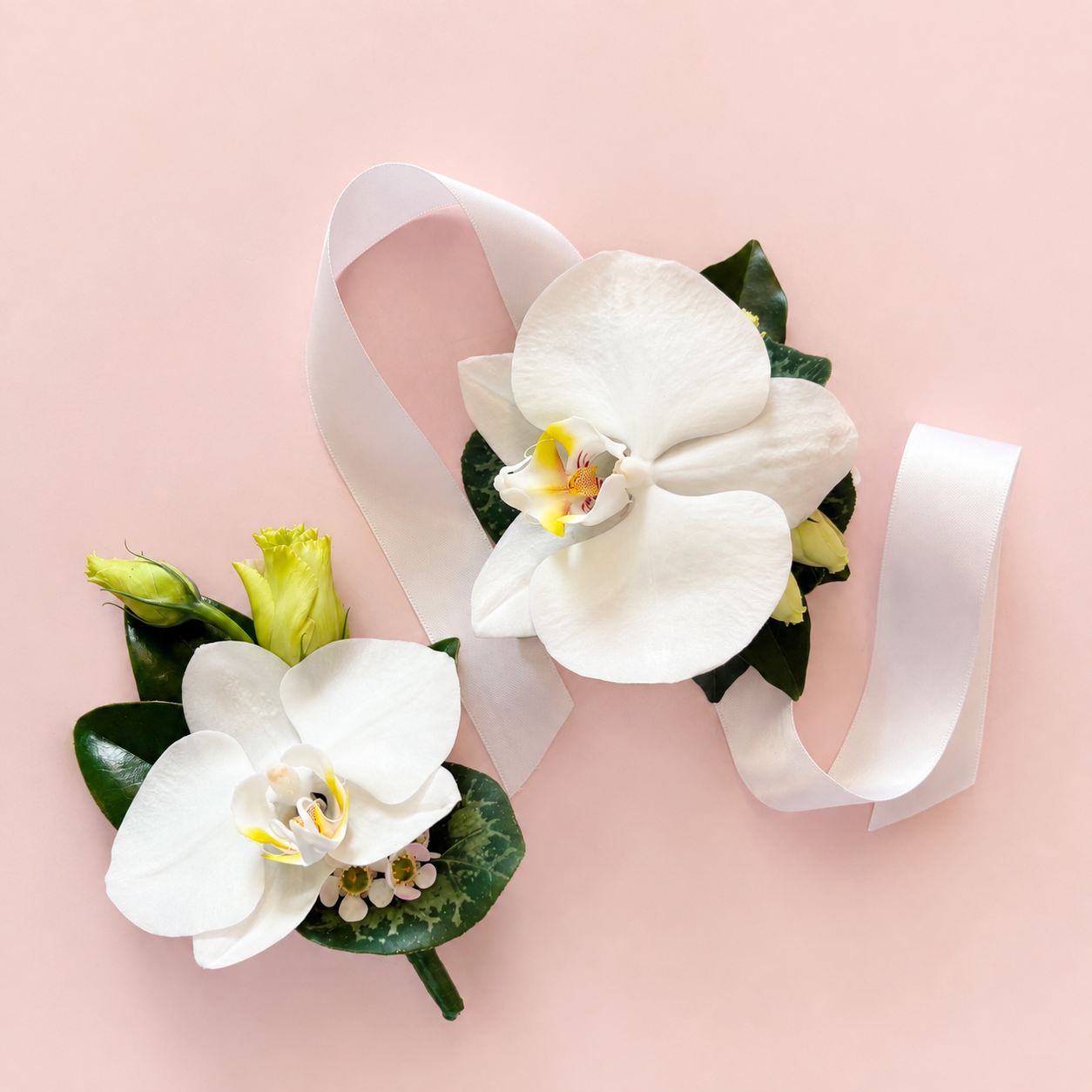 White orchid flower boutonniere and matching corsage with green leaves and a white ribbon. Bloom and Rocket Florist Brisbane.