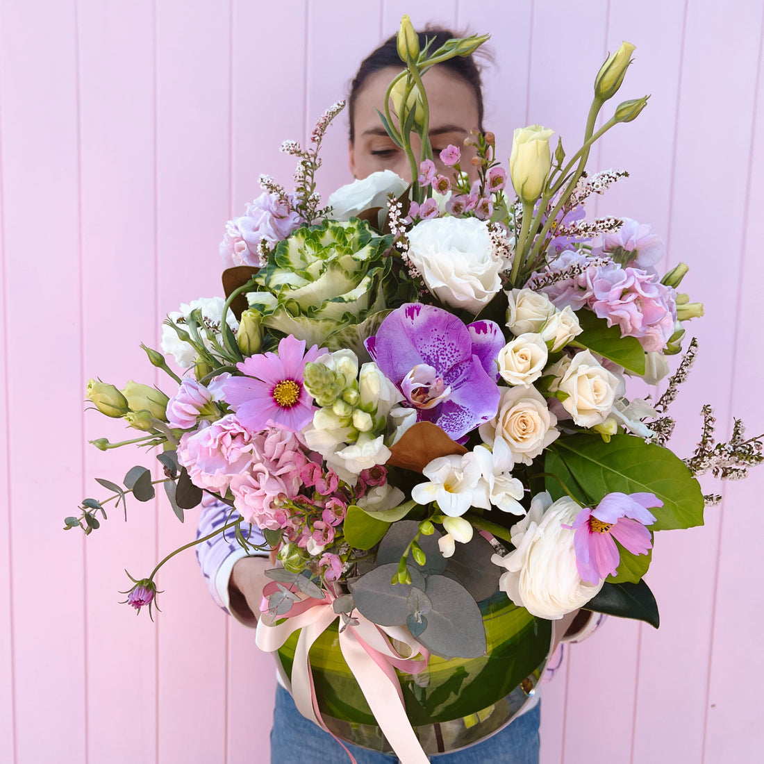 Fishbowl arrangement, pink and white seasonal flowers. Bloom and Rocket Florist, Taringa, Brisbane. Same Day delivery if ordered by 12.