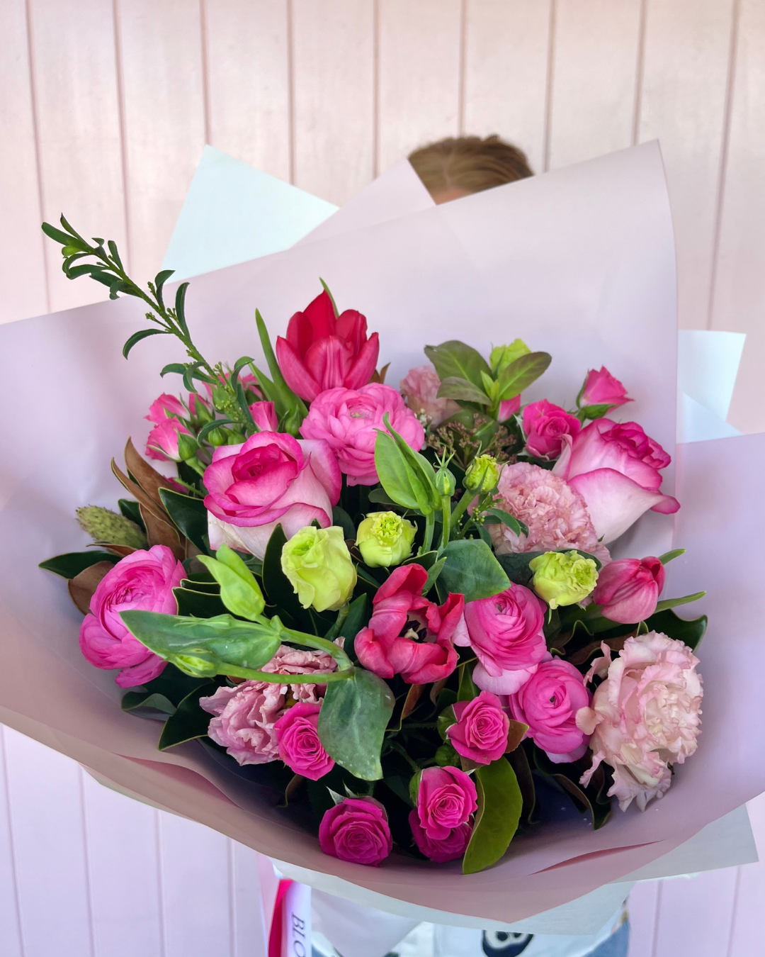 Rosie’s Blooms Pink Flower Bouquet. Send flowers same day. Birthday and thankyou flowers. Bloom and Rocket Florist, Brisbane.