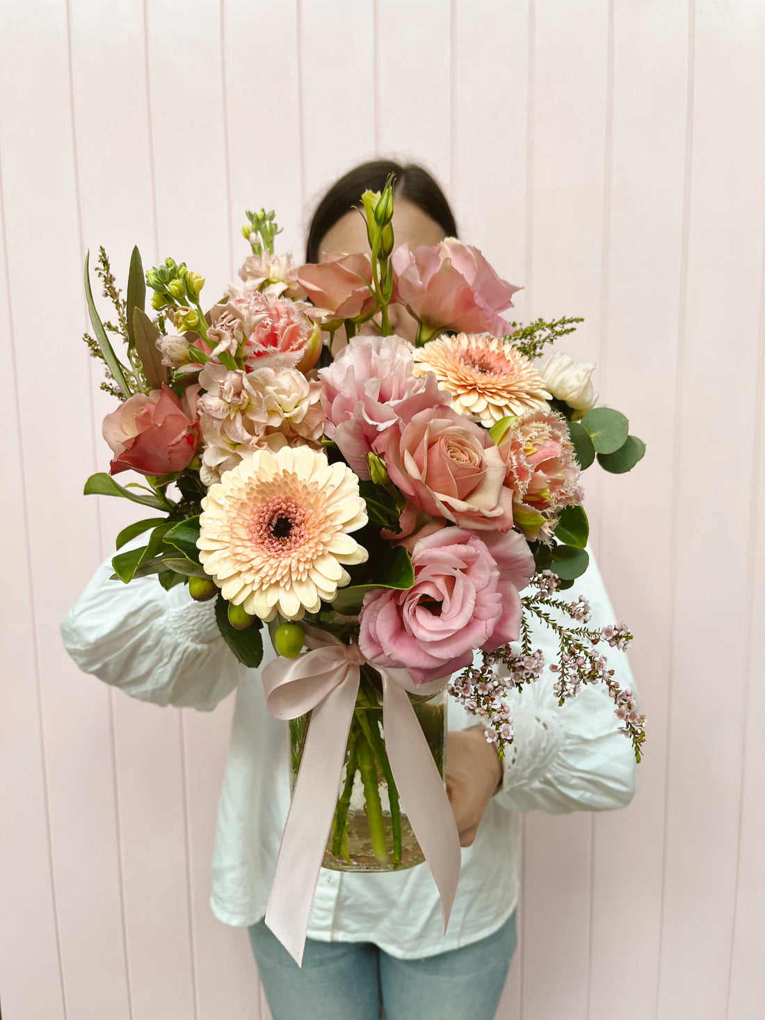 Vase arrangement, peach and pastels. Bloom and Rocket Florist. Brisbane Flower Delivery.