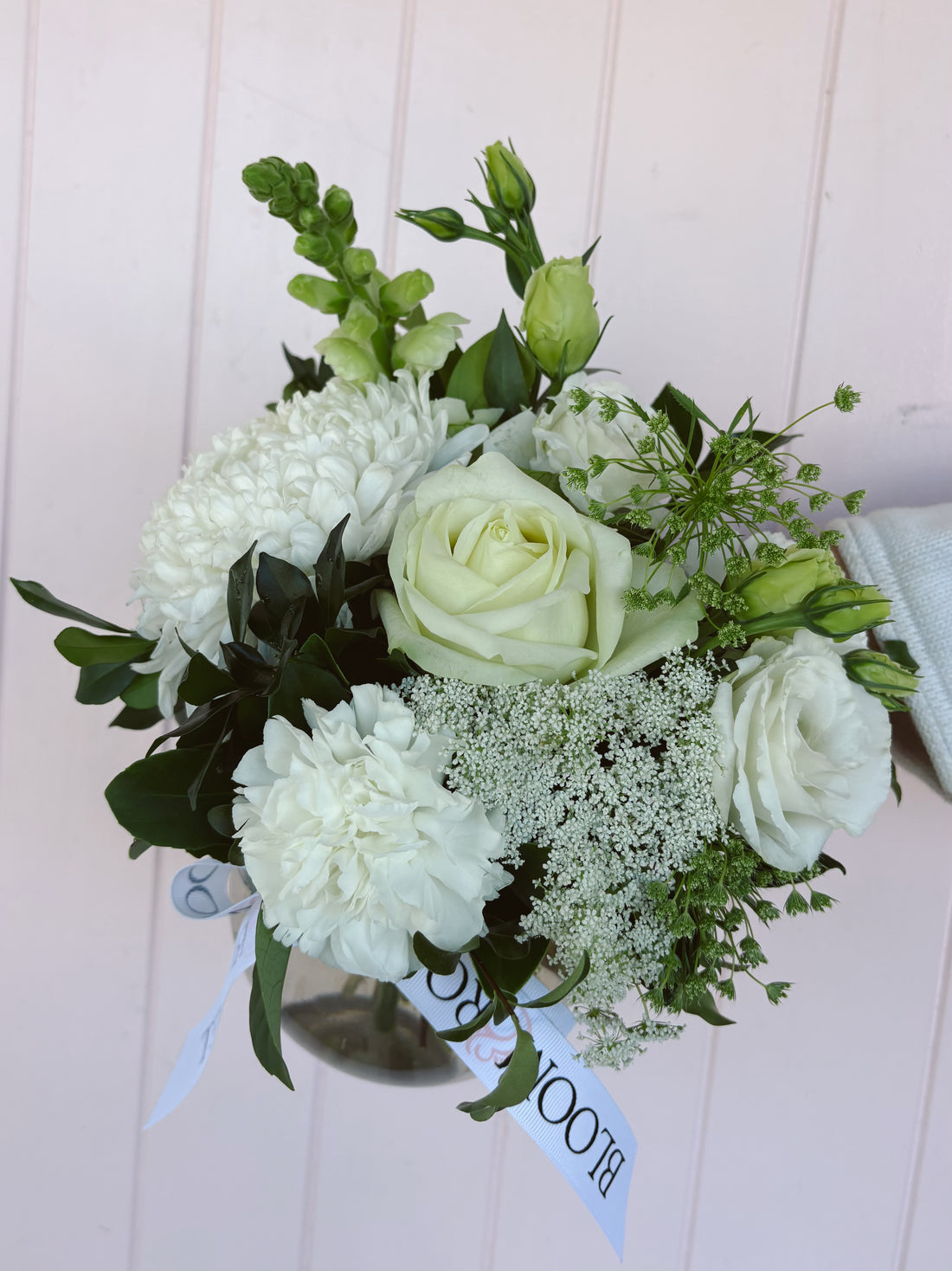 Baby blooms, sympathy fishbowl vase arrangement. Bloom and Rocket Florist Brisbane. Same Day flower delivery Brisbane.