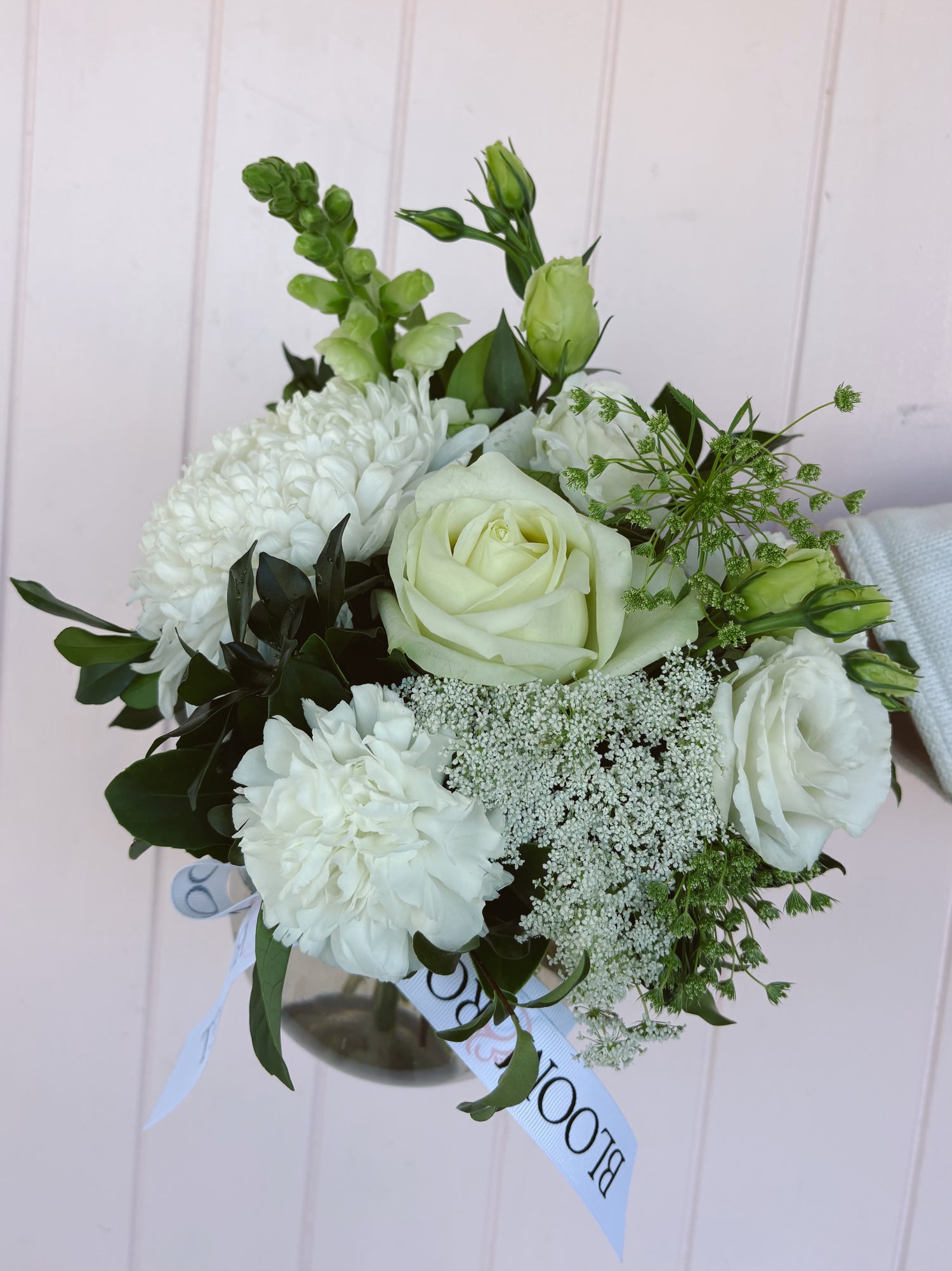 Baby blooms, sympathy fishbowl vase arrangement. Bloom and Rocket Florist Brisbane. Same Day flower delivery Brisbane.
