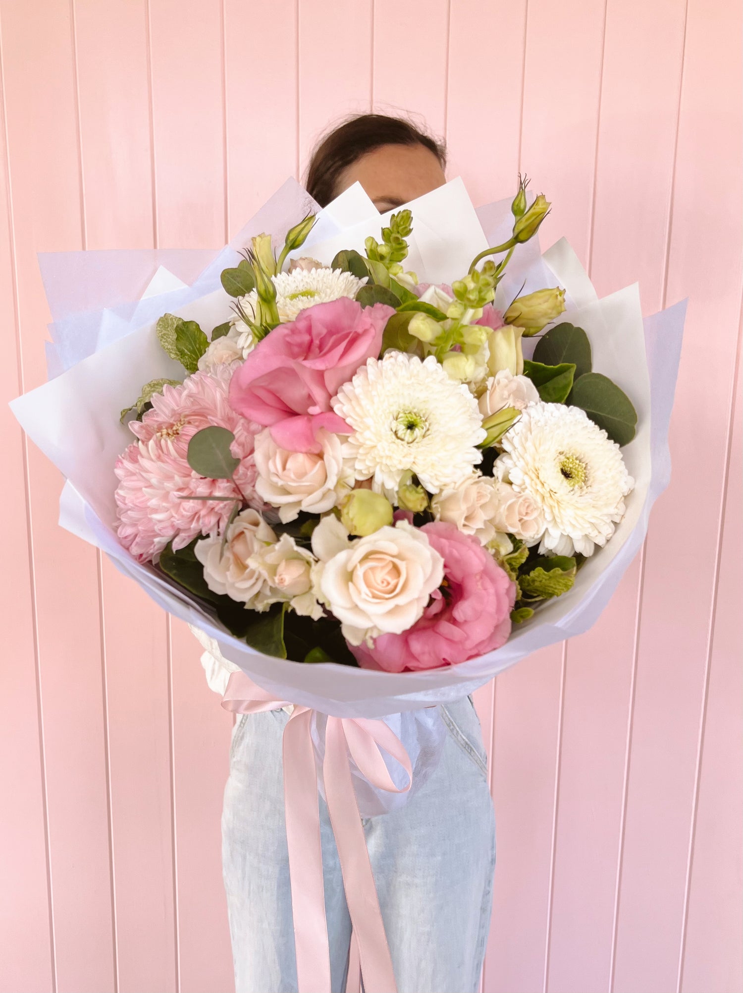 Bouquet soft pinks and white. Bloom and Rocket Florist. Brisbane flower delivery. Delivery Brisbane wide, including Taringa, Toowong, Indooroopilly, Milton, Auchenflower, St Lucia and Chelmer.
