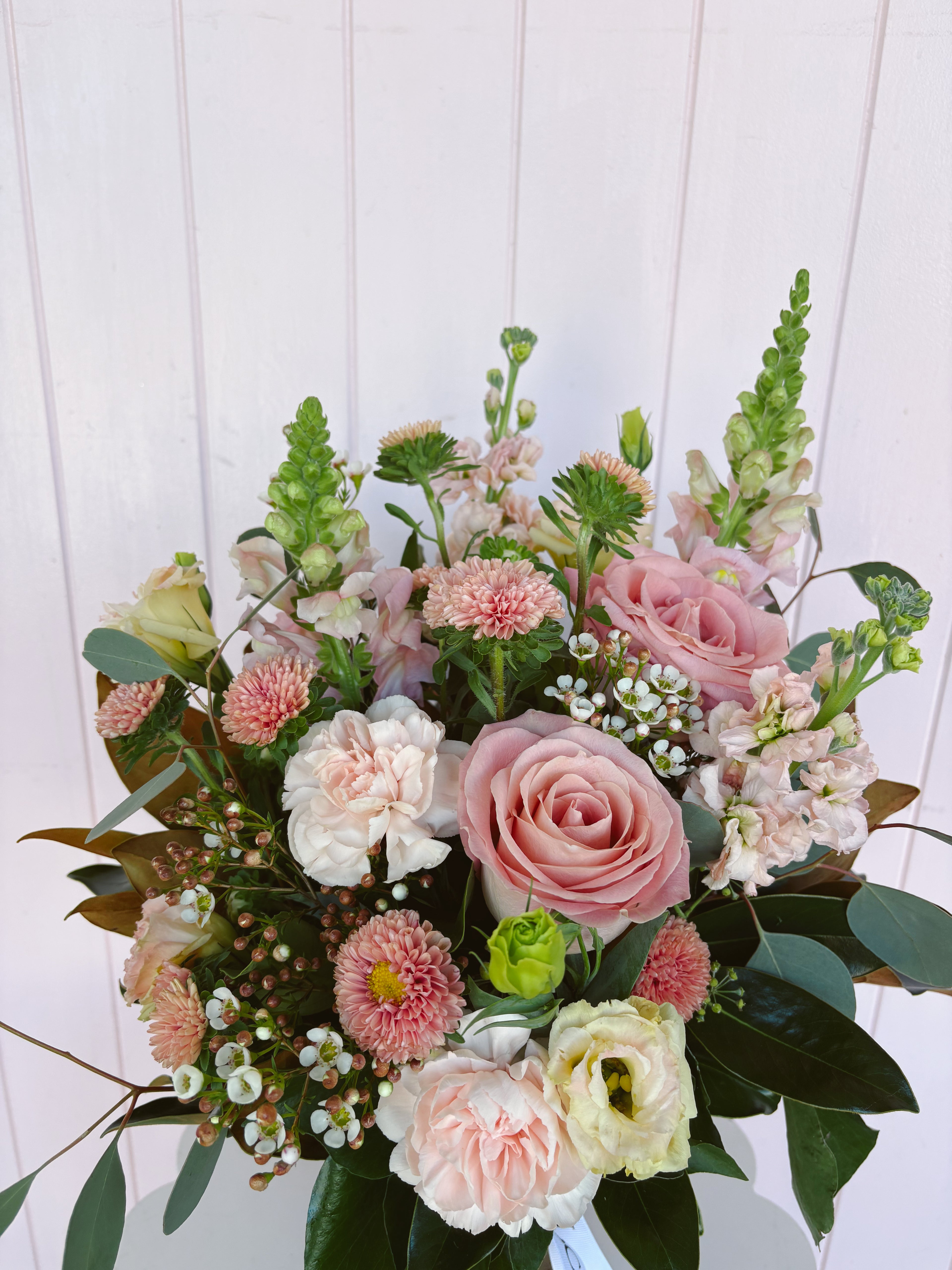 Vase arrangement pink and peach. Bloom and Rocket Florist. Brisbane flower delivery.