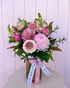Pink small vase arrangement with a selection of seasonal flowers arranged in a clear vase. Bloom and Rocket Florist, Brisbane. Taringa Florist.