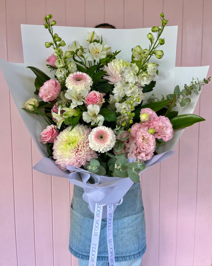 Pink and white pastel flower bouquet featuring seasonal flowers and foliage. Bloom and Rocket Florist, Brisbane. Taringa, Indooroopilly, Auchenflower and Toowong.