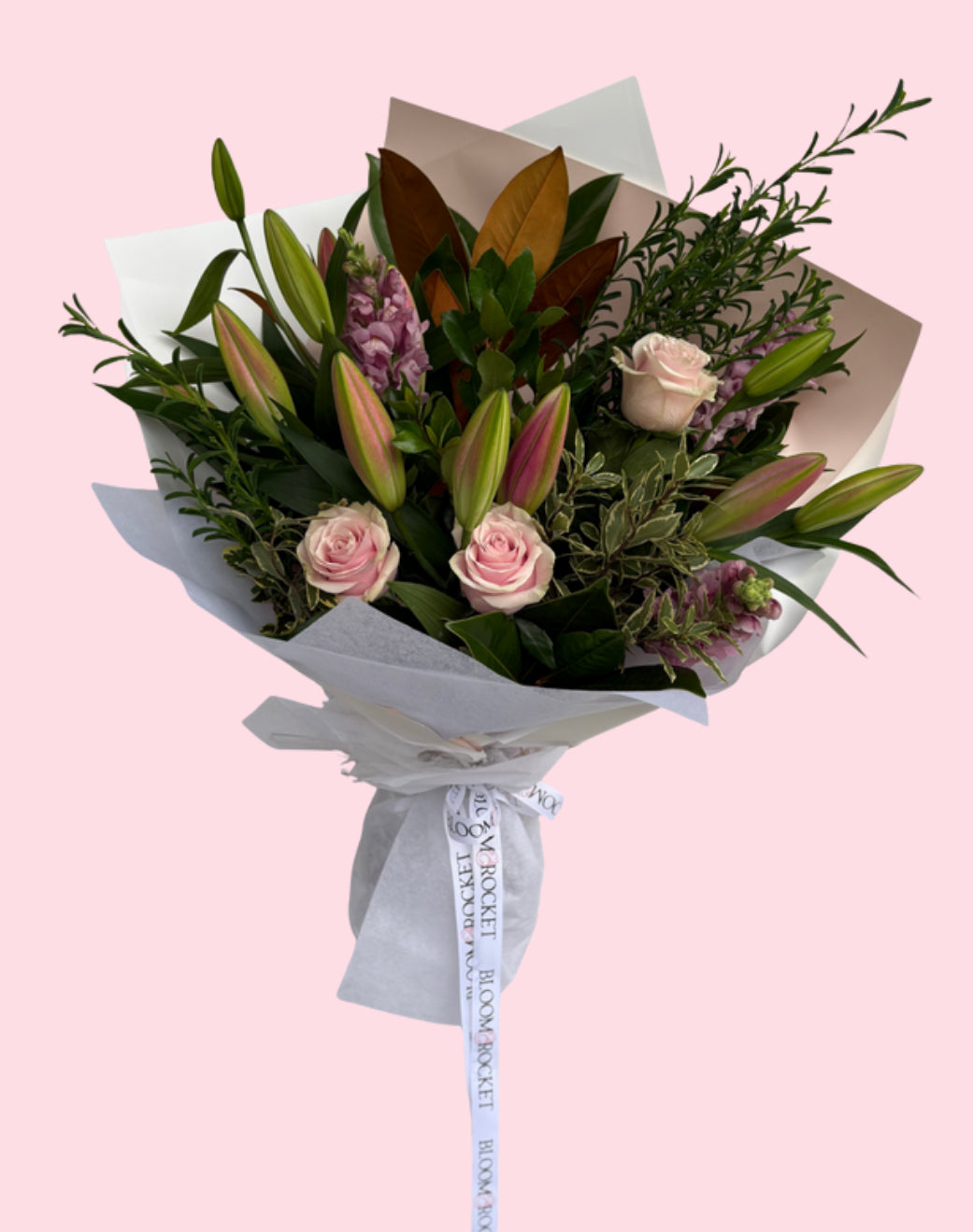 Bouquet of flowers with pink roses and lilies. Bloom and Rocket Florist. Brisbane Flower delivery.