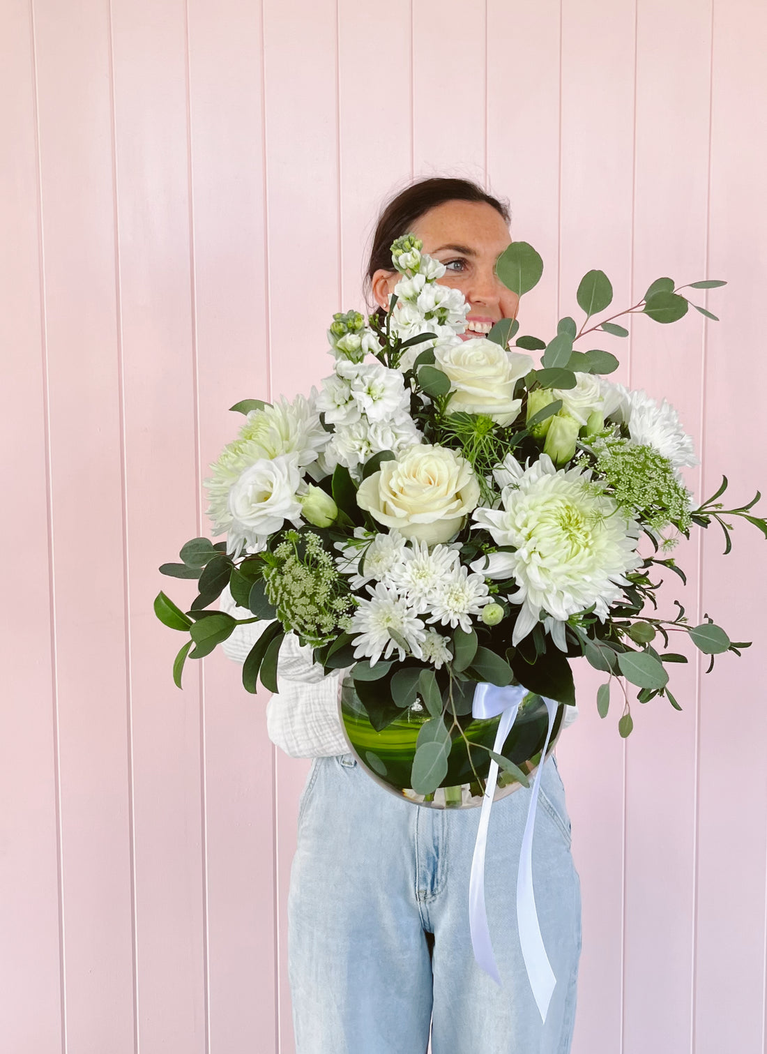 Sympathy flowers in white and green. Bloom and rocket florist. Brisbane flower delivery. 