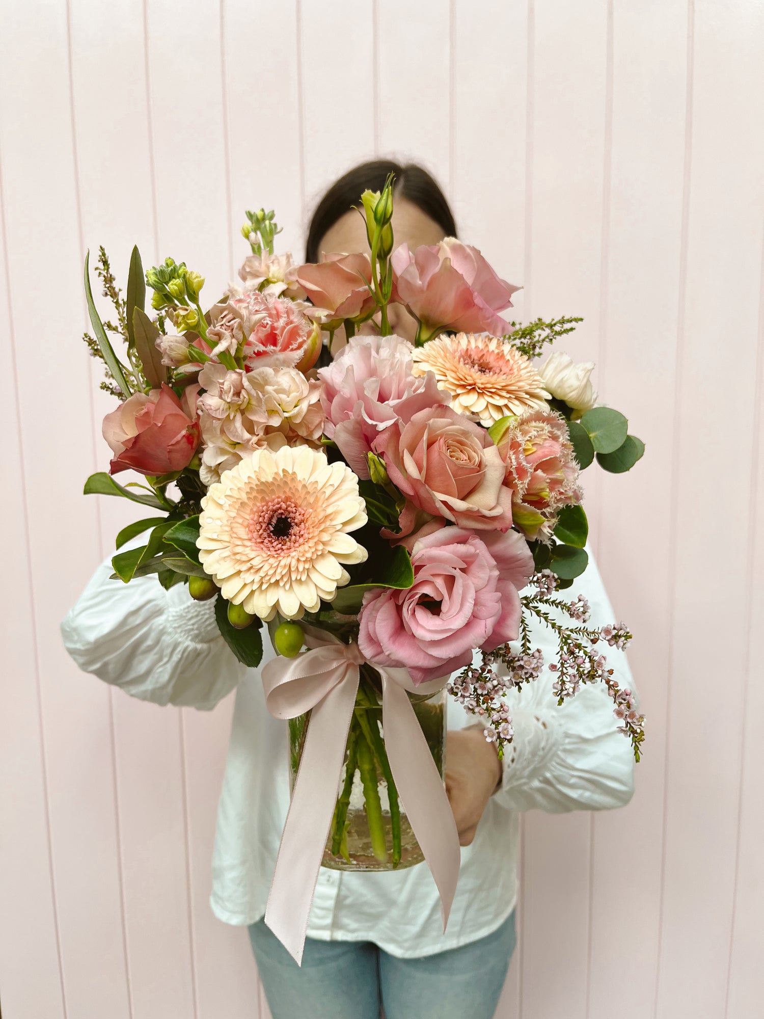 Vase arrangement, peach and pastels. Bloom and Rocket Florist. Brisbane Flower Delivery.