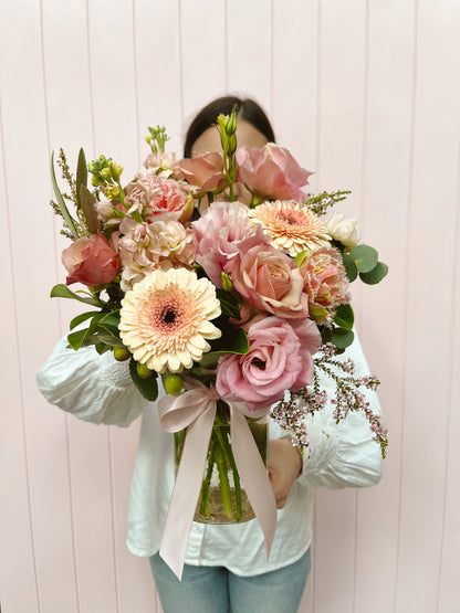 Vase arrangement, peach and pastels. Bloom and Rocket Florist. Brisbane Flower Delivery.